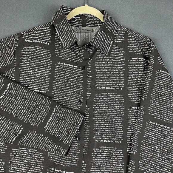 Spoon Jeans Tunic Top Women L Black Allover Script Empowerment Button Up Shirt* - Picture 2 of 12